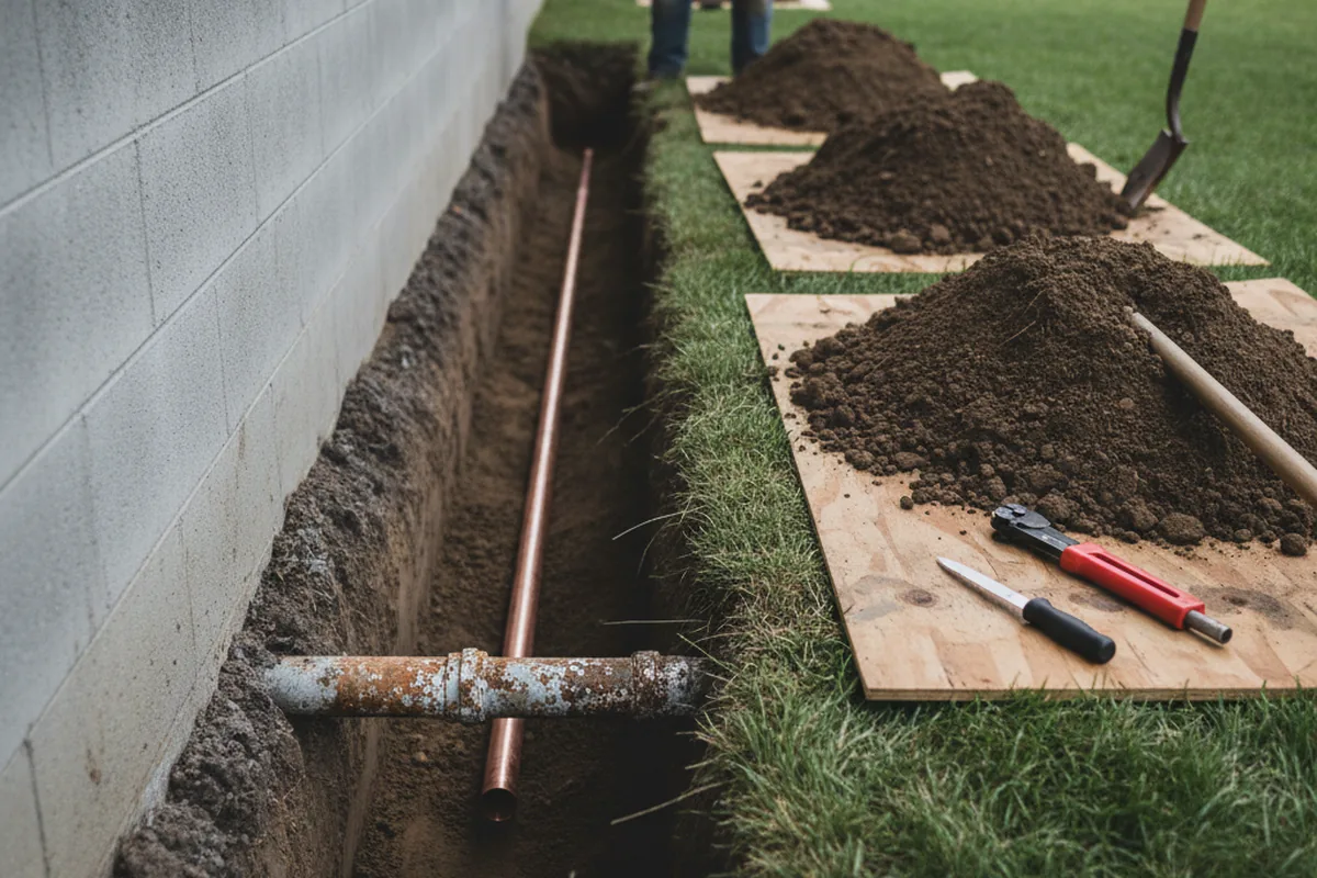 Excavated water line trench during Water Softener Installation in Libby